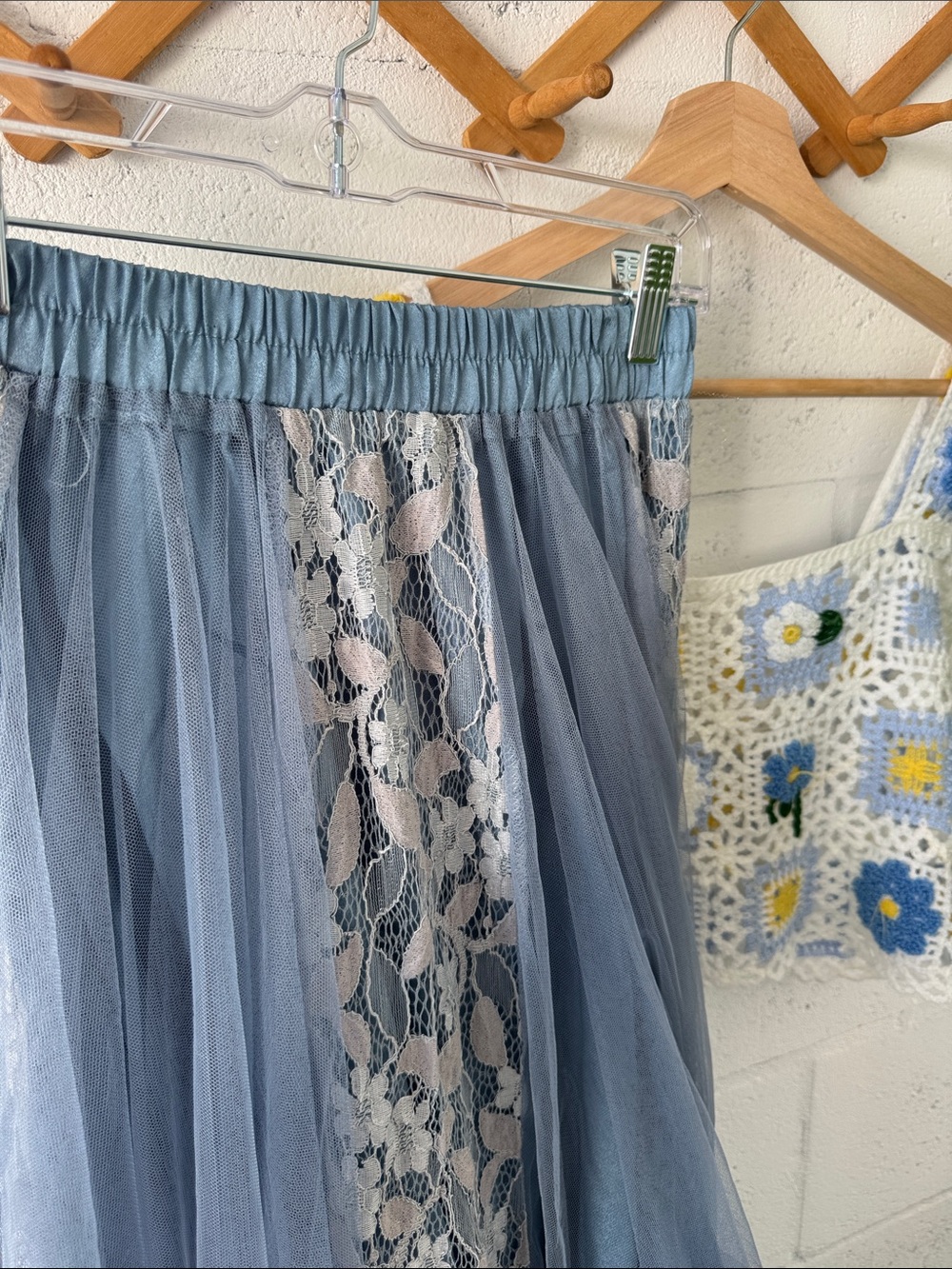 Boho Dusty Blue Lace-Panel Tulle Maxi Princess Skirt - Picture 4 of 4